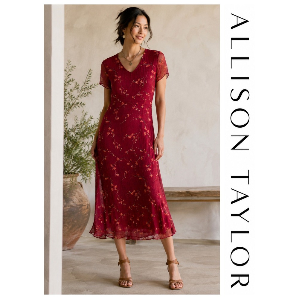 Allison Taylor Vtg 100% Silk Red Cherry Blosom V-Neck Midi Dress Quiet Luxury